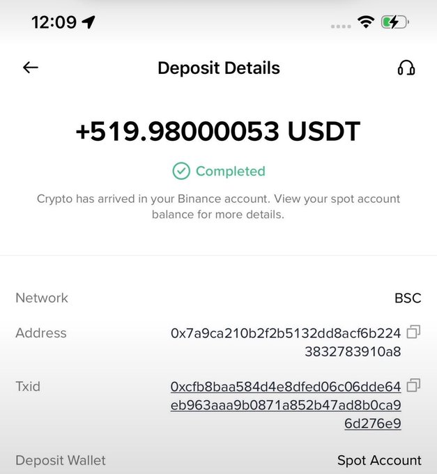 This image shows a Binance "Deposit Details" screen displaying a completed deposit of "+519.98000053 USDT" on the BSC (Binance Smart Chain) network, sent to address 0x7a9ca210b2f2b5132dd8acf6b2243832783910a8, with transaction ID 0xcfb8baa584d4e8dfed06c06dde64eb963aaa9b0871a852b47ad8b0ca96d276e9, deposited to a Spot Account.

The image is being used deceptively in the post to falsely suggest the poster received $500 from a "random wallet" to give away, when in reality it shows a regular USDT crypto deposit from an unknown sender—a classic scam tactic to lure victims into sharing their Solana wallets under the guise of a giveaway.