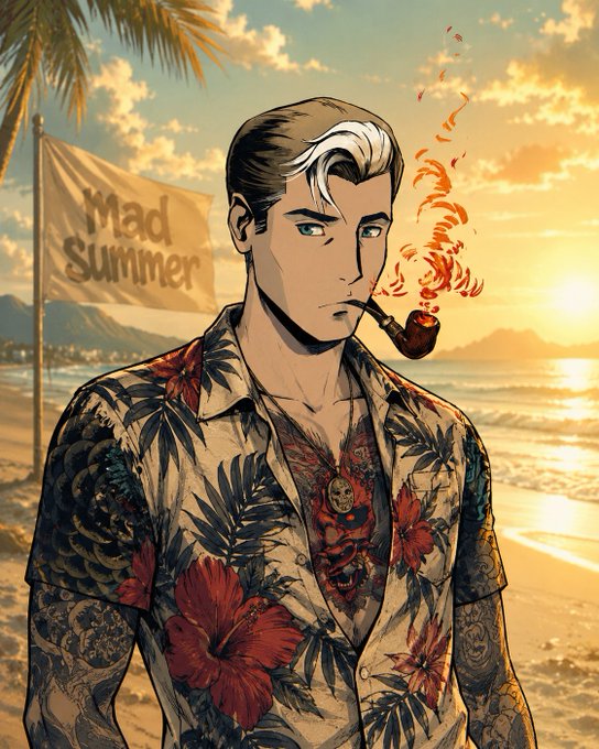 An illustrated comic-style portrait of a man with slicked-back hair smoking a pipe on a beach at sunset, wearing a floral Hawaiian shirt, with a 'Mad Summer' flag visible in the background.