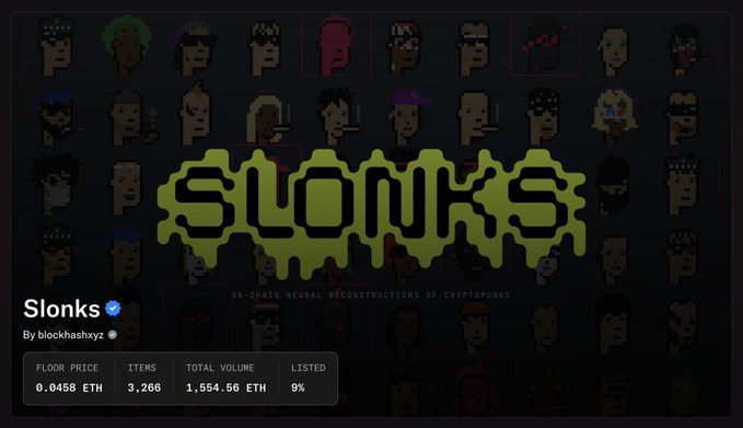 Slonks, an on-chain neural reconstruction of CryptoPunks collection by blockchainhaxzy, is featured on the front page of OpenSea, displaying 3,266 items with a floor price of 0.0458 ETH and a total volume of 1,564.56 ETH.