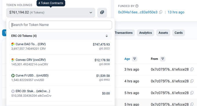 A screenshot showing a token holdings dropdown with 4 token contracts, prominently displaying Curve DAO (CRV) holdings of $747,475.93 (3,697,557.74 CRV) and Convex CRV (cvxCRV) holdings of $12,178.50, illustrating the accumulation of CRV-related assets referenced in the post.