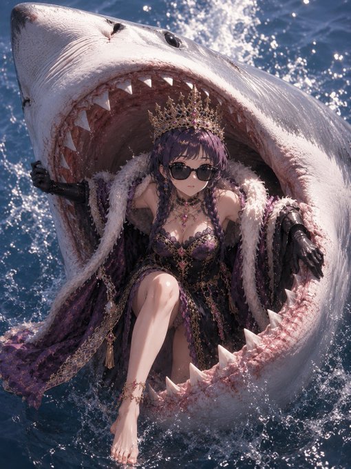 The image features a woman wearing a princess costume with a crown sitting inside a large shark's mouth while riding on its back. The scene takes place in the ocean, where the shark appears to be swimming around her. The photo has been shared or reposted multiple times, and it is now being viewed by many people who are interested in the unique and creative concept of the princess-shark duo.