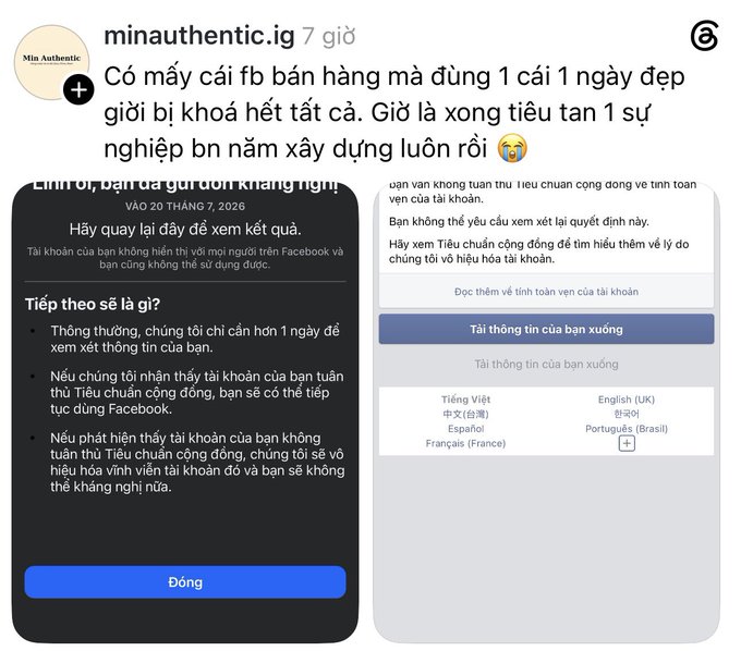 An Instagram story by minauthentic.ig written in Vietnamese complaining about Facebook accounts being banned for selling construction materials, alongside screenshots of Meta policy violation warnings.