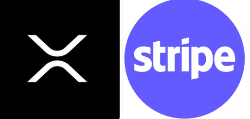 The image shows the logos of XRP (a stylized "X" on a black background) and Stripe (white "stripe" text on a purple circle). It visually represents Ripple's integration of XRP and RLUSD payments into Stripe, highlighting the partnership between the two financial technology companies.