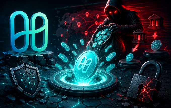 A digital illustration depicts a hooded figure with red glowing eyes pouring crypto coins from a bag, with a large cyan coin logo in the foreground and a padlock and shield nearby.