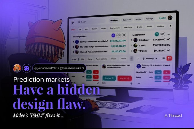 A stylized illustration shows a person in an orange beanie viewing a prediction market dashboard on a monitor, displaying trending markets with values like "$68,230,902.00" and a leaderboard featuring usernames such as "DKinzBrody," "dGURU," and "TBFDude." The accompanying text "Prediction markets have a hidden design flaw. Melee's 'PMM' fixes it..." suggests the image visually highlights the interface of a prediction market platform being critiqued for design limitations.