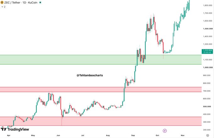A TradingView candlestick chart shows ZEC/Tether on a 1D timeframe with prices ranging from below $300 to $1,800 USD.