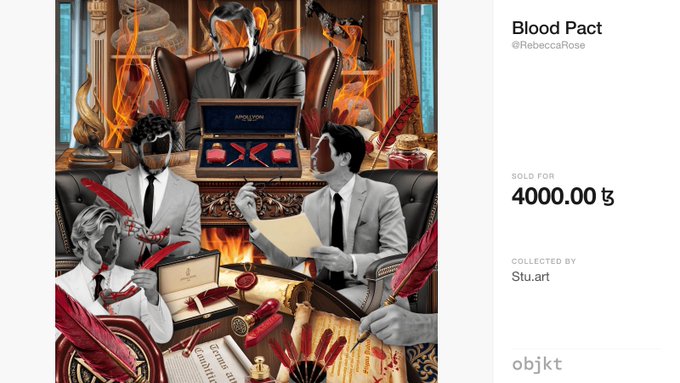 An NFT listing on objkt for a digital artwork titled 'Blood Pact' by @RebeccaRose, showing an illustration of figures signing a contract, sold for 4000.00 ₳ collected by Stu.art.