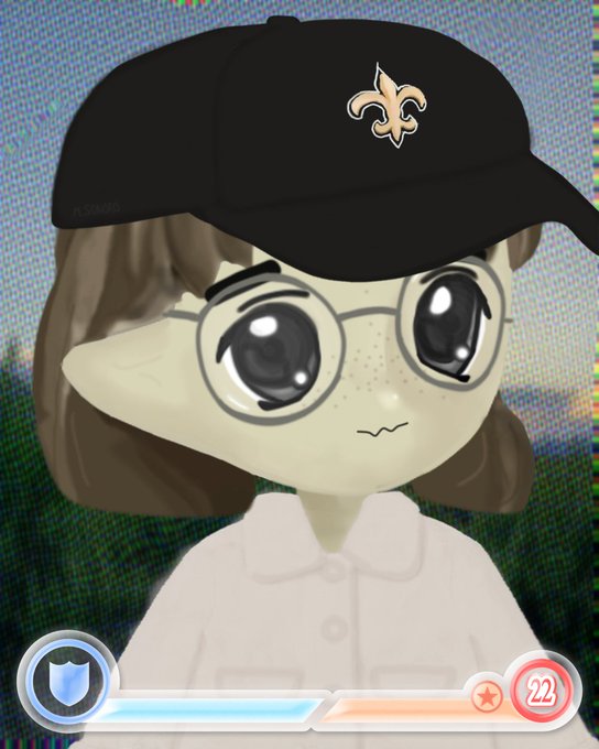 An anime-style character with large round glasses and a black baseball cap featuring the New Orleans Saints fleur-de-lis logo, wearing a white collared shirt, appears in what looks like a mobile game interface with health/status bars at the bottom.