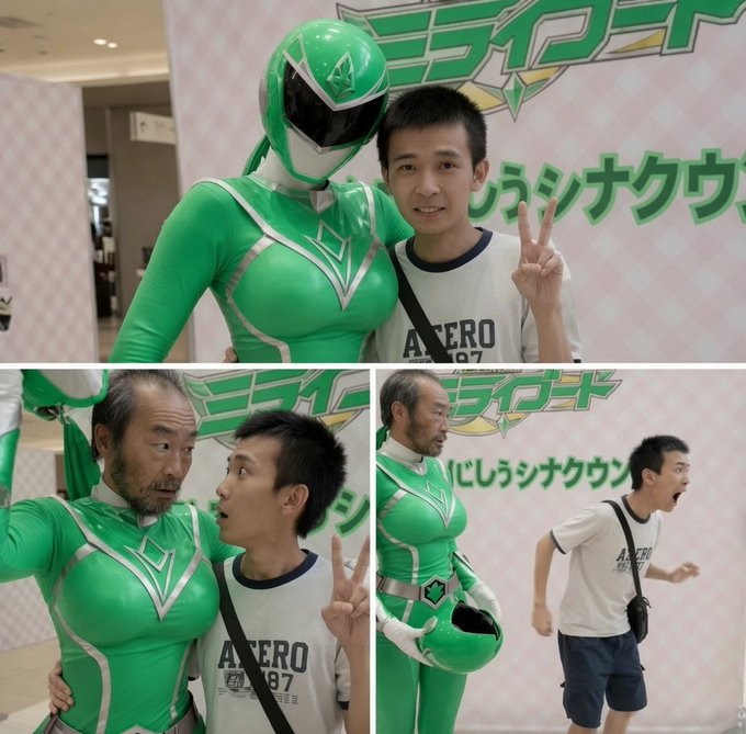 A photo collage of a young man posing with a person in a green Power Ranger costume; the bottom photos show humorous reactions to the costumed character removing their helmet.