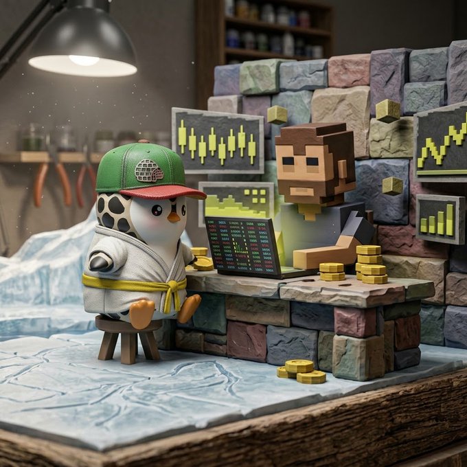 A stylized 3D-rendered scene shows a penguin wearing a green cap and martial arts robe sitting across a stone counter from a blocky, Minecraft-style character, with stock/crypto candlestick charts and bar graphs displayed on the walls behind them and gold coins scattered on the counter. The image visually reinforces the promotional "3 FREE AIRDROPS FOR FOLLOWERS" post by @ChainTradersNFT and @Exx00nes, using the trading-themed décor and crypto charts to symbolize potential airdrop rewards.