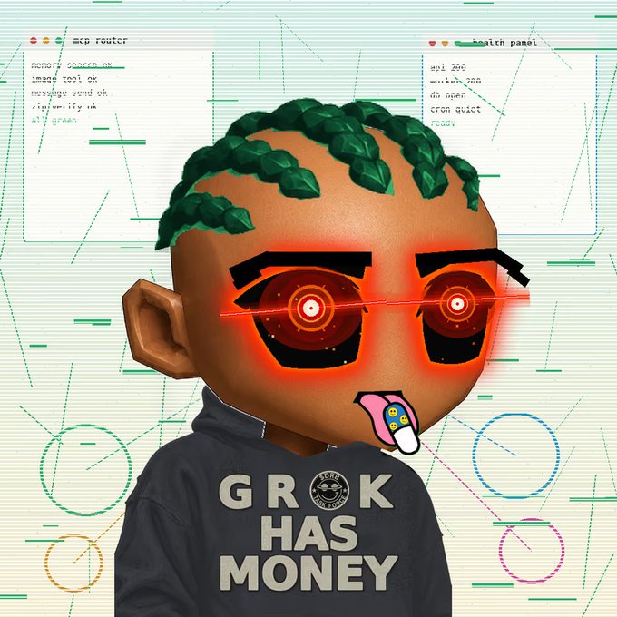 A digital illustration of a character with green hair and glowing red eyes wearing a "GROK HAS MONEY" shirt, set against a computer interface background with "mcp router" and "health panel" windows.