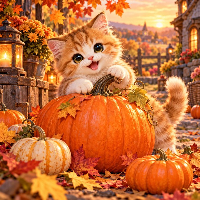 A digital illustration of an adorable orange and white kitten with big eyes and an open mouth, perched behind a large orange pumpkin in an autumn setting with falling leaves, lanterns, and a warm sunset in the background.