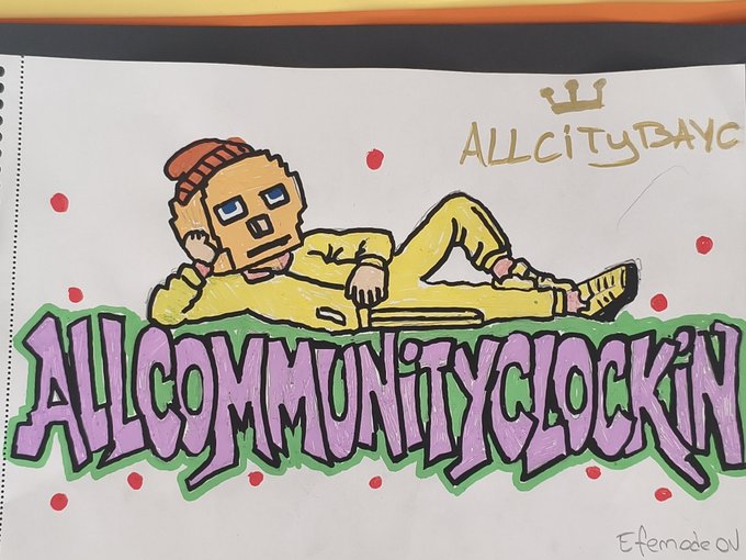 Hand-drawn graffiti-style artwork featuring a yellow-suited character lounging with the text 'ALLCITYBYKC', 'ALLCOMMUNITYLOCKIN', and 'Efemade 01'.