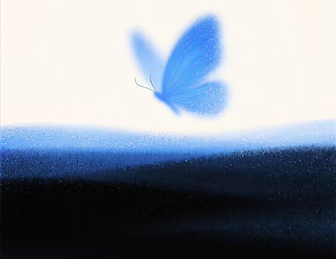 An artistic painting of a blue butterfly with translucent wings hovering above a layered blue and black landscape.