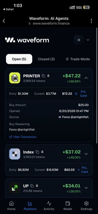 The image shows a Waveform AI Agents trading positions interface displaying three open positions: PRINTER (+$47.22, +188.88%), Index (+$37.02, +148.06%), and UP (+$34.01, +136.05%). The PRINTER position at $72.22 directly corresponds to the post, showing the AI agent copied @airtightfish's purchase as indicated in the buy reasoning field marked "Fomo @airtightfish."