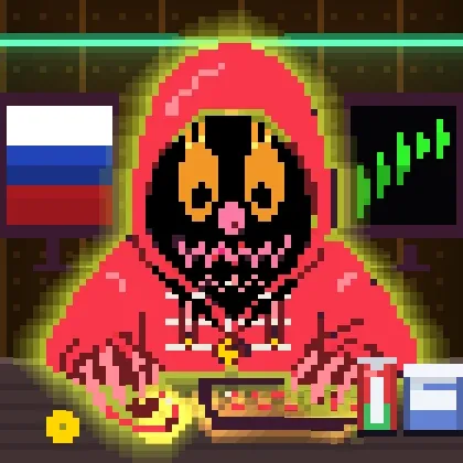A pixel art illustration features a menacing skull-like character in a pink/red hood with glowing eyes, with a Russian flag on the left and a green rising chart on the right.