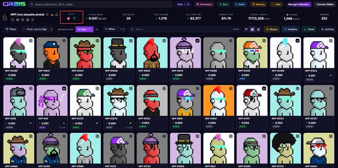 A screenshot of the ORBIS NFT marketplace displaying a collection called 'snu playable pixels' featuring pixel art character avatars with prices shown in ETH.
