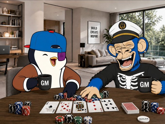 An AI-generated image showing cartoon penguin and monkey characters wearing 'GM' mugs, sitting at a table playing poker in a modern living room with a 'BUILD CREATE INSPIRE' sign on the wall.