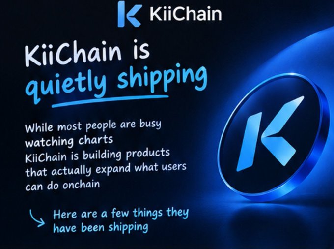 A promotional graphic for KiiChain with a dark blue background and logo, stating 'KiiChain is quietly shipping' and explaining that while others watch charts, they build products to expand onchain user capabilities.