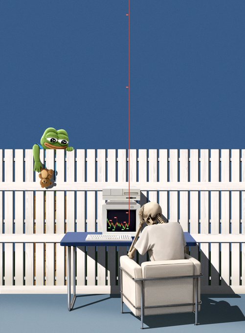 A surreal 3D render shows a figure sitting at a computer desk while a green frog character peeks over a white fence.