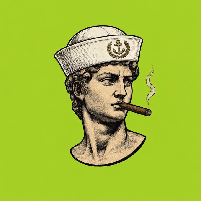 A stylized illustration of a classical Greco-Roman bust wearing a white sailor hat with an anchor emblem, smoking a lit cigar against a solid lime-green background.