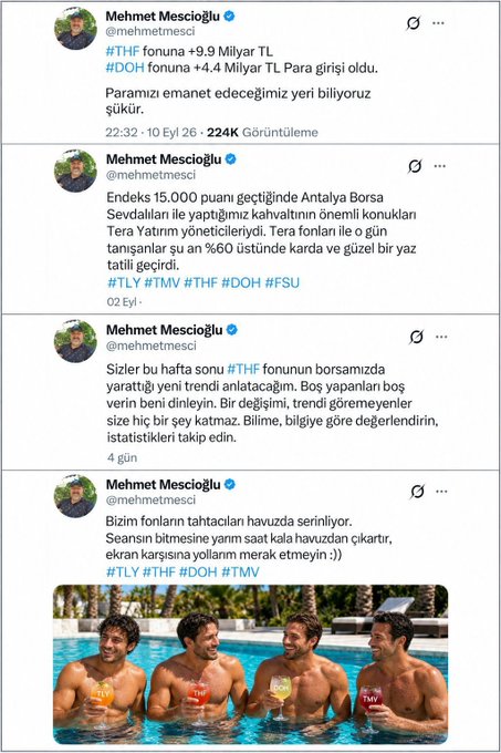 A Twitter/X thread by Mehmet Mescioğlu (@mehmetmesci) references THYF and DOH stock funds with specific values (+9.9 Million TL and +4.4 Million TL), while defending fund managers at Antalya Borsa Sevdalıları who were accused of "Tera" pump-and-dump schemes by Tera CEO Tera Yatırım executives. The posts contrast serious market commentary with a meme showing muscular men in a pool holding ticker drink glasses (THF, DOH, FSÜ, TMV), suggesting these influencers were victims rather than perpetrators in the fund controversy.