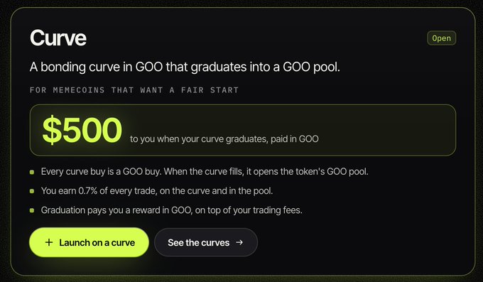 The image promotes GrayGooEx's "Curve" launchpad, offering creators a $500 GOO reward for graduating their memecoin bonding curve into a GOO pool, with additional earnings of 0.7% on every trade. The post celebrates this alpha opportunity, encouraging creators to launch coins and earn the graduation bounty when their projects gain traction.