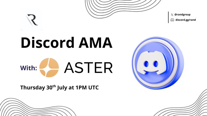 This graphic announces a Discord AMA with ASTER on Thursday, July 30th at 1PM UTC, featuring the Discord logo and the @randgroup handle. It complements the post's details about the AMA and rewards with a visual representation of the event's platform and host.