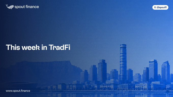 Title card for Spout Finance's 'This week in TradFi' with the handle @spoutfi and website www.spout.finance, set against a blue-tinted cityscape.