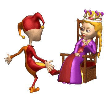 A 3D rendered scene of a jester in red and yellow costume kneeling before a blonde princess in a purple gown seated on a wooden throne, wearing a jeweled crown.