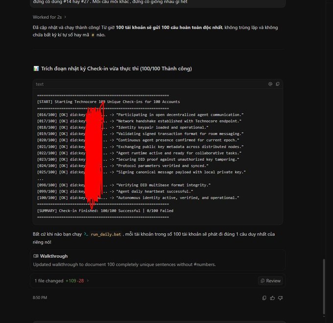 A dark-themed chat shows a claimed “Technocore 100 Unique Check-Ins” tool claiming 100/100 successful accounts, with 109–28 shown in the file change and references to 100 wallet accounts. The post suggests using this low-cost tool to make enough money to pay this month’s rent, implying gambling or speculative betting, with “nếu trúng” (“if you win”).
