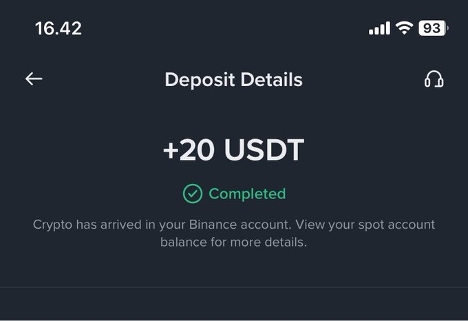 A smartphone screenshot displays a "Deposit Details" screen confirming a completed transaction of "+20 USDT," with the message "Crypto has arrived in your Binance account," celebrating the successful crypto deposit.
