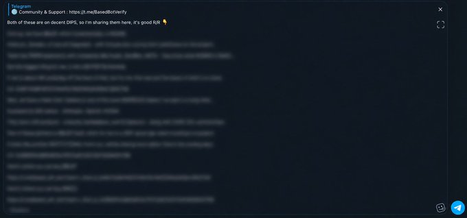 A blurry Telegram post in the "Community & Support" group links to a site called "BasedBotVerify" and includes a message stating "Both of these are on decent DIPS, so I'm sharing them here, it's good RUN 🔥," with the main body of text intentionally obscured, echoing the promotional teaser about sharing "bangers on dips" and free alpha access to members.