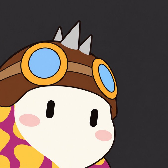 A cartoon-style character with a white face, wearing a brown aviator helmet with goggles and spikes, set against a dark gray background.