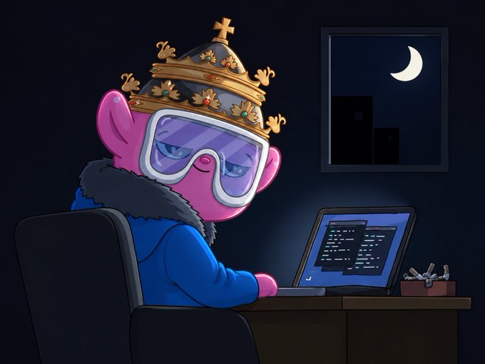 A pink cartoon character wearing a golden crown and ski goggles works at a laptop in a dark room at night, seemingly coding or analyzing data. The image pairs with the post's warning about the proliferation of rug pulls in NFTs and memecoins, with the crowned figure potentially symbolizing the self-proclaimed "kings" of crypto projects who disappear with investors' funds.