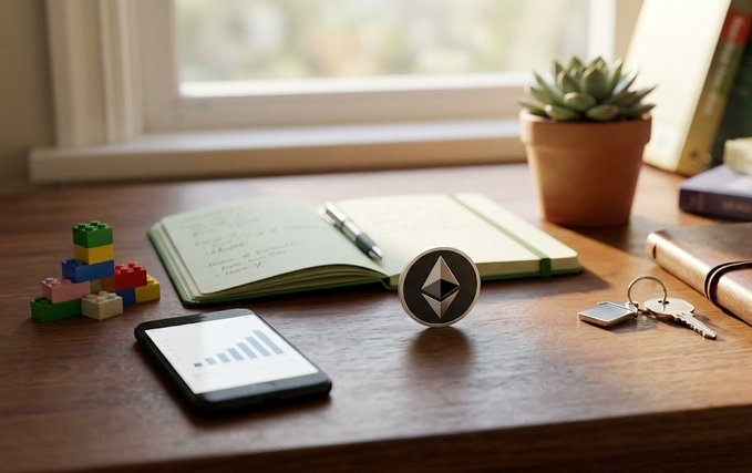 A still life on a wooden desk by a window featuring a smartphone with a chart, an open notebook with a pen, Lego bricks, an Ethereum coin, keys, and a potted succulent plant.