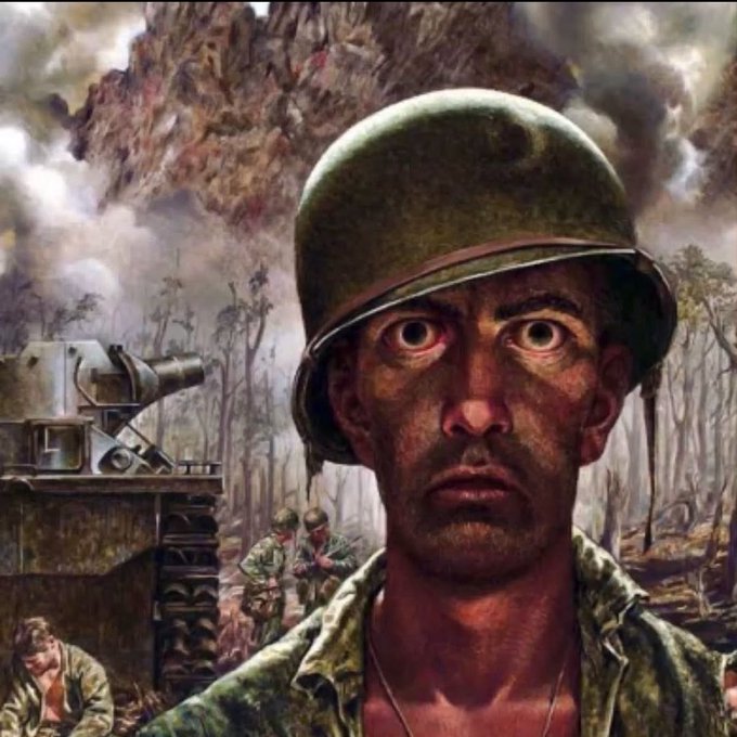 A gritty, hyper-realistic painted artwork of a weary soldier in a green helmet with a dirt-smudged face, set against a war-torn jungle background featuring a tank and other soldiers.