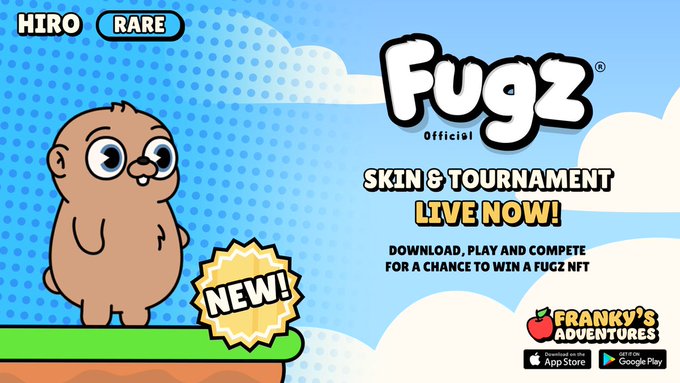 The image features an advertisement for a video game called "Fugz" that takes place during the weekend. The poster includes a cartoon character, likely a bear or a small animal, standing on top of a hill with a cloudy sky behind him. The poster also contains text promoting a gaming event and offering a chance to win a Furz NFT using an app store link provided in the image description.