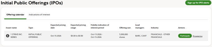 Fidelity's IPO calendar featuring a 5,000,000-share "1 STRIVE INC. SERIES" IPO with an expected pricing date of Oct 15, 2026 and a price range of $0.00 to $0.00, which contradicts the post's claim about $SATS perpetual preferred shares being offered.