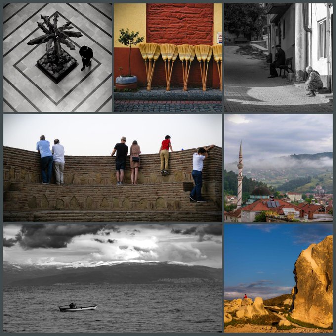 A photo collage of nine travel images including a tree sculpture, brooms against a red brick wall, a person on a bench, people atop a fortress wall, a mosque in misty hills, a boat on cloudy water, and rock formations at sunset.