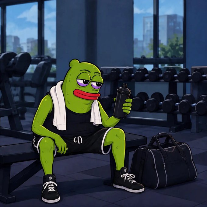 A cartoon green frog in gym clothes sits on a bench holding a shaker bottle, with dumbbells, windows, and a duffel bag in the background.