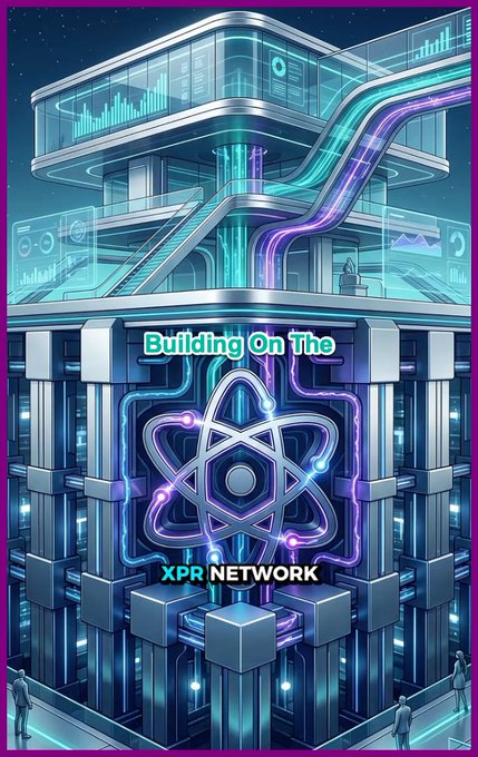 A futuristic neon-lit tower illustration with the React logo, text reading 'Building On The XPR NETWORK'.