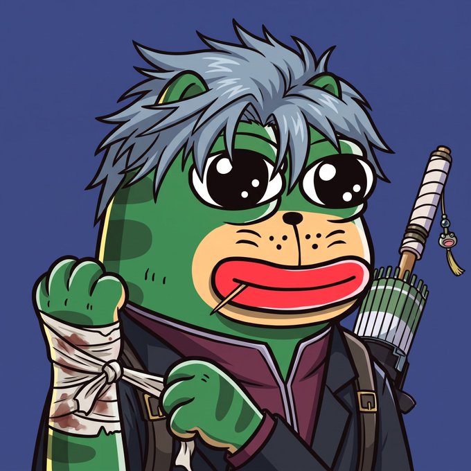 An illustration of a green, cat-like anime character with large eyes, messy hair, and bandaged arms, holding what appears to be a sword or staff.