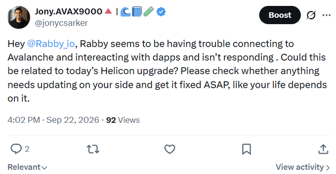 A screenshot of a tweet from Jony.AVAX9000 (@jonycsarker) tagging @Rabby_io on Sep 22, 2026, reporting that Rabby wallet is having trouble connecting to Avalanche and interacting with dapps, possibly due to a Helicon upgrade, urging a fix ASAP. The accompanying post highlights the urgency by calling on @AvaLabs and @AvalancheFDN to follow up on this wallet connectivity problem before end of day.