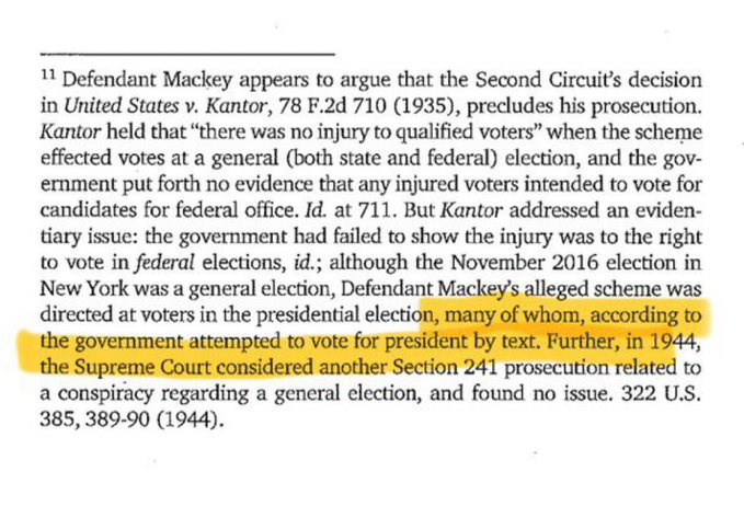 A page from a legal document with a highlighted passage discussing a 2016 election scheme and Supreme Court precedent, with text mentioning 'the government attempted to vote for president by text.'