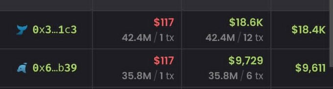A dark dashboard displays transaction data with two address entries showing $117 costs and varying volume and dollar amounts.