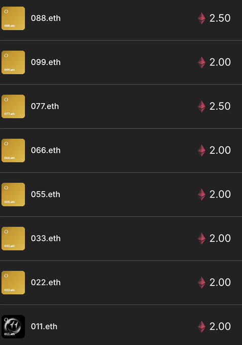A list of available Ethereum domain names (ENS) for sale is displayed, featuring various three-digit .eth names like 088.eth, 099.eth, and 077.eth priced in ETH (ranging from 2.00 to 2.50), likely a marketplace listing the post's author is browsing while searching for a 0AA.eth handle.