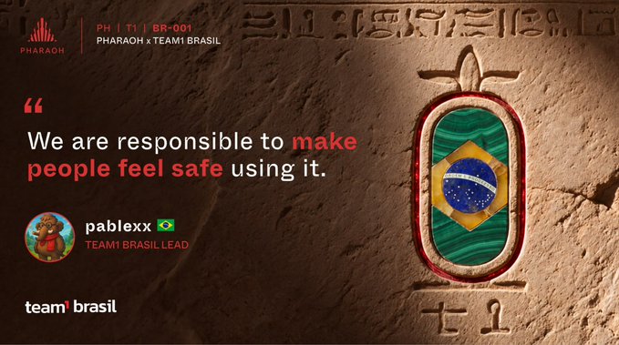 A Team Brasil presentation slide states, “We are responsible to make people feel safe using it,” alongside the Team Brasil logo and an Egyptian-style emblem.