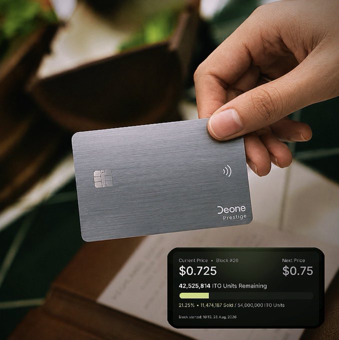A hand holds a metallic credit card labeled "Deone Prestige" with a contactless symbol, alongside a digital display showing a current price of $0.725 and 42,525,814 ITO Units Remaining.
