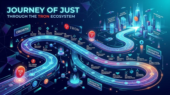 A futuristic neon-lit infographic titled "Journey of JUST Through the TRON Ecosystem," featuring a glowing winding pathway lined with milestones and numerical markers, alongside labels like "Growth," "Global Adoption," "Ecosystem Contribution," and the TRON logo—visually echoing the post's reflection on reaching the 50th article about JUST and its evolving role within the TRON network.